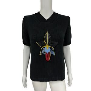 FENDI Black Knit Applique Floral V-Neck Short Sleeve Sweater Size EU 42 US 6
